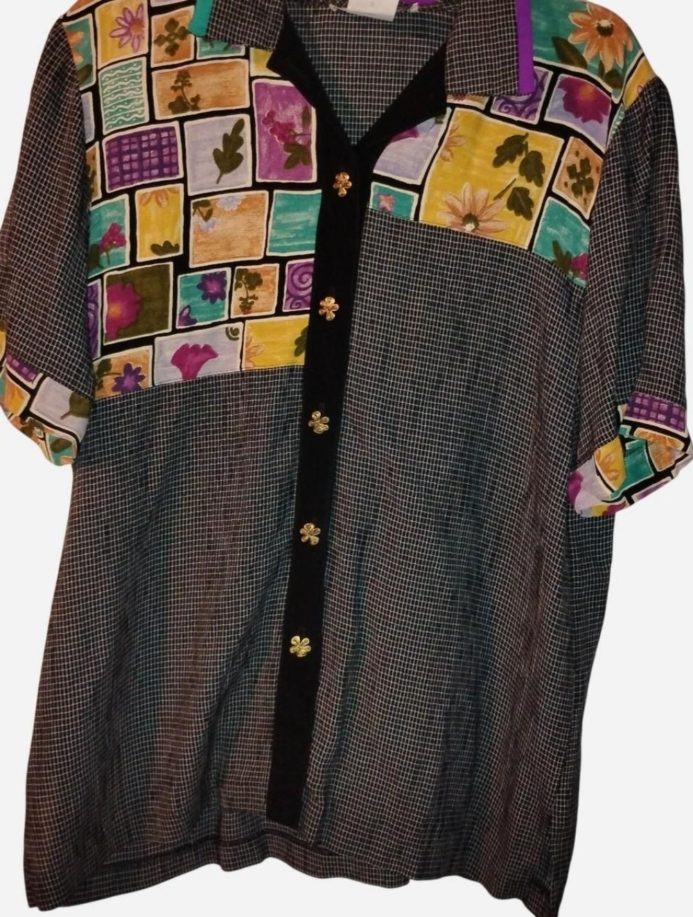 90s Rayon Blouse M Floral Patchwork Art Teacher Boho